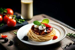 pasta with tomato, basil and mozzarella on a white plate. AI-Generated photo