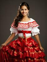 Smiling young woman of Mexican descent dressed in elegant dress on gray background AI Generative photo