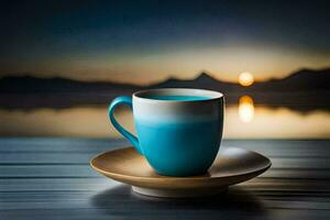 a cup of coffee on a wooden table with a sunset in the background. AI-Generated photo