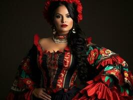 sonriente joven mujer de mexicano descendencia vestido en elegante vestir en gris antecedentes ai generativo foto