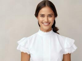 Smiling young woman of Mexican descent dressed in elegant dress on gray background AI Generative photo