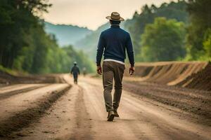 a man walking down a dirt road with a hat on. AI-Generated photo