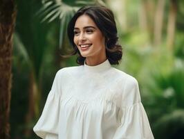 Smiling young woman of Mexican descent dressed in elegant dress on gray background AI Generative photo