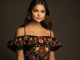 Smiling young woman of Mexican descent dressed in elegant dress on gray background AI Generative photo