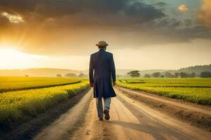 a man in a hat walks down a dirt road. AI-Generated photo