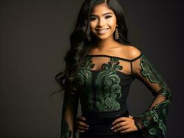 Smiling young woman of Mexican descent dressed in elegant dress on gray background AI Generative photo