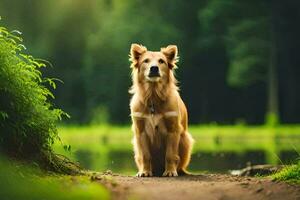 a golden retriever sitting on a dirt path near a lake. AI-Generated photo