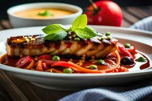 un plato de comida con pescado y vegetales. generado por ai foto