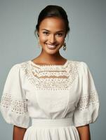 Smiling young woman of Mexican descent dressed in elegant dress on gray background AI Generative photo