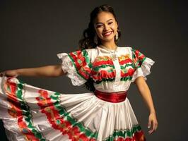 sonriente joven mujer de mexicano descendencia vestido en elegante vestir en gris antecedentes ai generativo foto