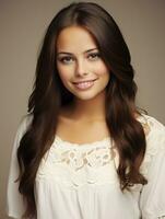 Smiling young woman of Mexican descent dressed in elegant dress on gray background AI Generative photo