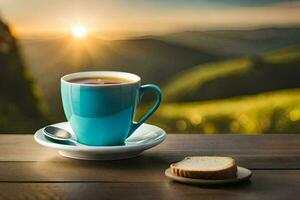 un taza de café y un rebanada de un pan en un de madera mesa. generado por ai foto