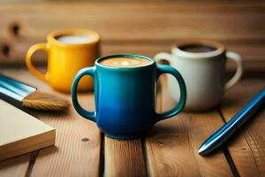 coffee cups, a notebook and a pen on a wooden table. AI-Generated photo