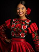 Smiling young woman of Mexican descent dressed in elegant dress on gray background AI Generative photo