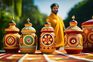 a man in yellow is standing next to colorful pots. AI-Generated photo