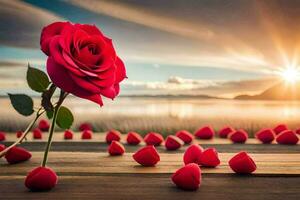 red rose on a wooden table with sun in the background. AI-Generated photo