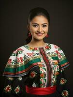 sonriente joven mujer de mexicano descendencia vestido en elegante vestir en gris antecedentes ai generativo foto