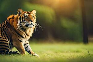 a tiger sitting on the grass in the sun. AI-Generated photo