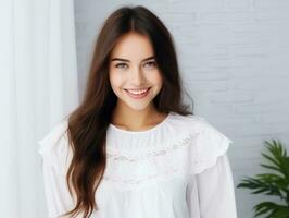 Smiling young woman of Mexican descent dressed in elegant dress on gray background AI Generative photo