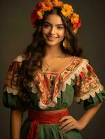 sonriente joven mujer de mexicano descendencia vestido en elegante vestir en gris antecedentes ai generativo foto