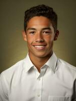 Smiling young man of Mexican descent against neutral background AI Generative photo