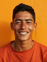 Smiling young man of Mexican descent against neutral background AI Generative photo