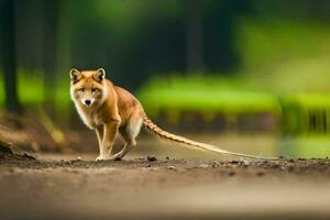 a red fox walking on a dirt road. AI-Generated photo