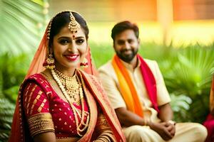 a beautiful bride and groom in traditional indian attire. AI-Generated photo