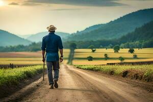 a man walking down a dirt road with a cane. AI-Generated photo