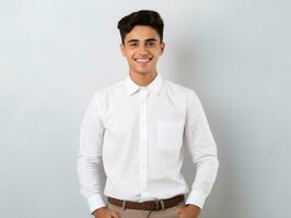 Smiling young man of Mexican descent against neutral background AI Generative photo