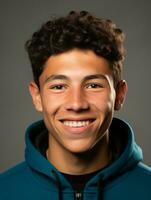 Smiling young man of Mexican descent against neutral background AI Generative photo