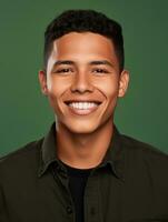 Smiling young man of Mexican descent against neutral background AI Generative photo