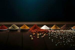 a row of different spices and spices. AI-Generated photo