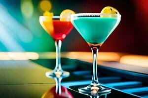 two colorful cocktails sit on a piano. AI-Generated photo