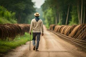 un hombre caminando abajo un suciedad la carretera con un caña. generado por ai foto