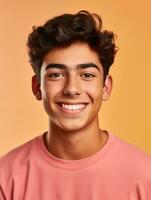 Smiling young man of Mexican descent against neutral background AI Generative photo