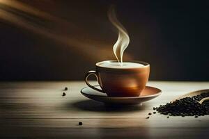 a cup of coffee on a wooden table. AI-Generated photo