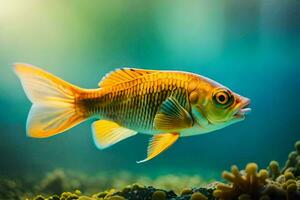 goldfish in aquarium with coral reef background. AI-Generated photo