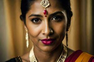 a woman wearing a traditional sari and jewelry. AI-Generated photo