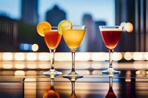 three glasses of different colored drinks on a table. AI-Generated photo