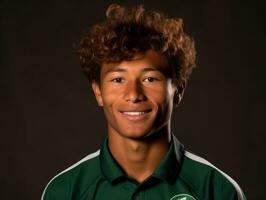 Smiling young man of Mexican descent against neutral background AI Generative photo