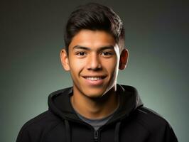 Smiling young man of Mexican descent against neutral background AI Generative photo