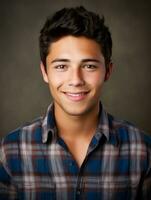 Smiling young man of Mexican descent against neutral background AI Generative photo