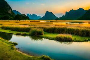 the sunrise over the li river in vietnam. AI-Generated photo