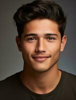 Smiling young man of Mexican descent against neutral background AI Generative photo