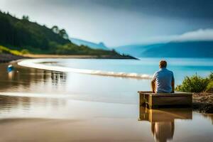 a man sits on a bench overlooking the ocean. AI-Generated photo