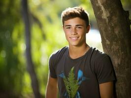 Smiling young man of Mexican descent against neutral background AI Generative photo