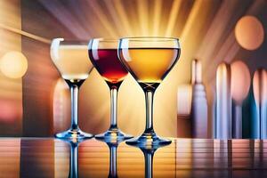 three glasses of wine on a table with a bright light. AI-Generated photo