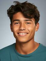 Smiling young man of Mexican descent against neutral background AI Generative photo