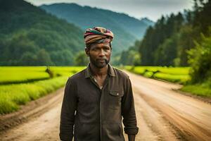 a man in a turban stands on a dirt road. AI-Generated photo